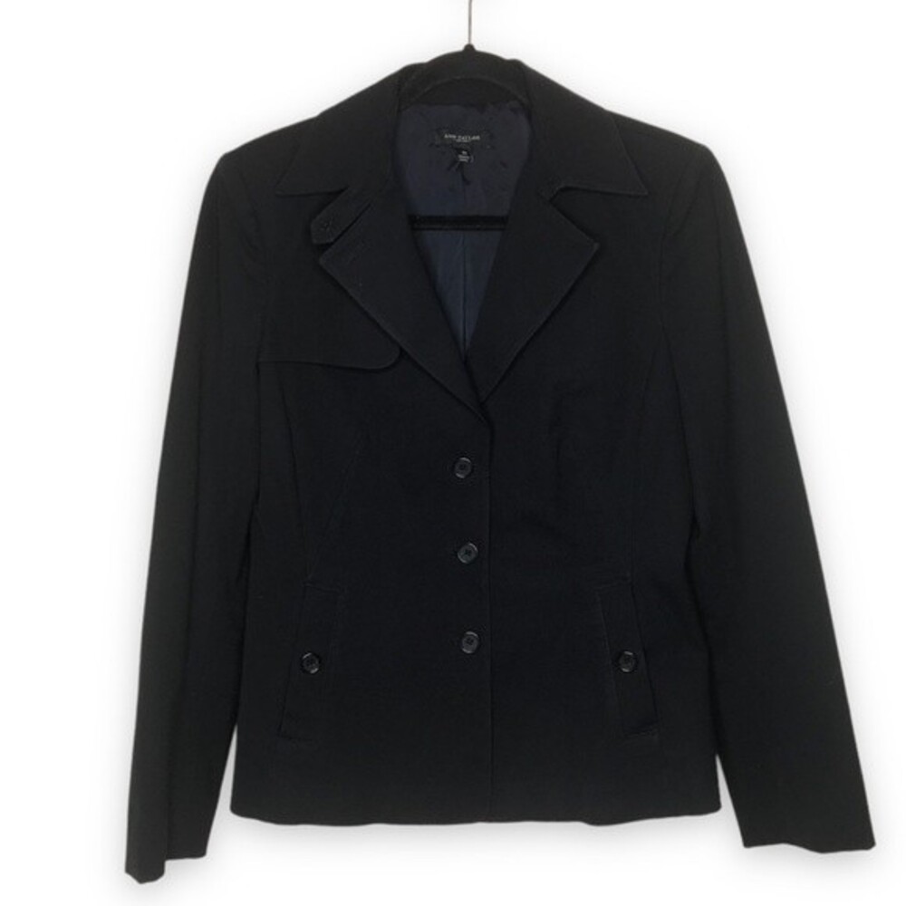 Ann Taylor Black Blazer Jacket Storm Flap Back Pleat Button Vent Women's Size 10